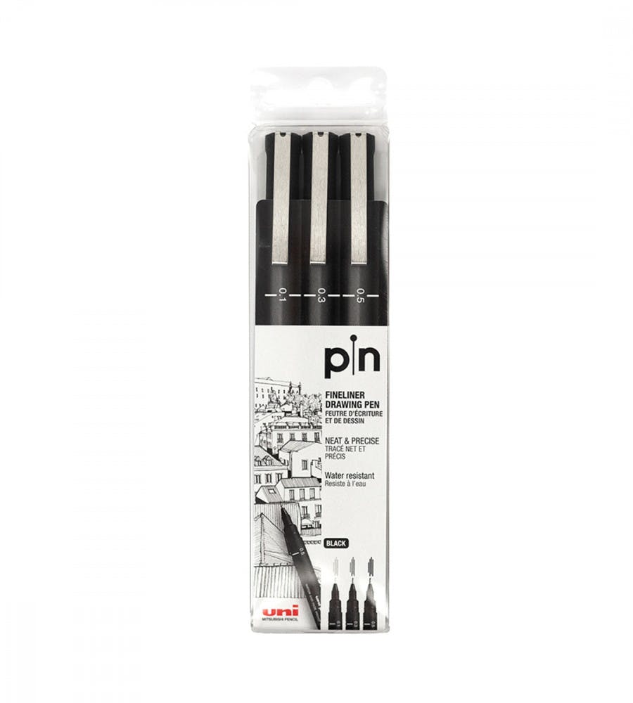 Fineliner Uni Pin 3 Pack (0.1, 0.3, 0.5) - Black