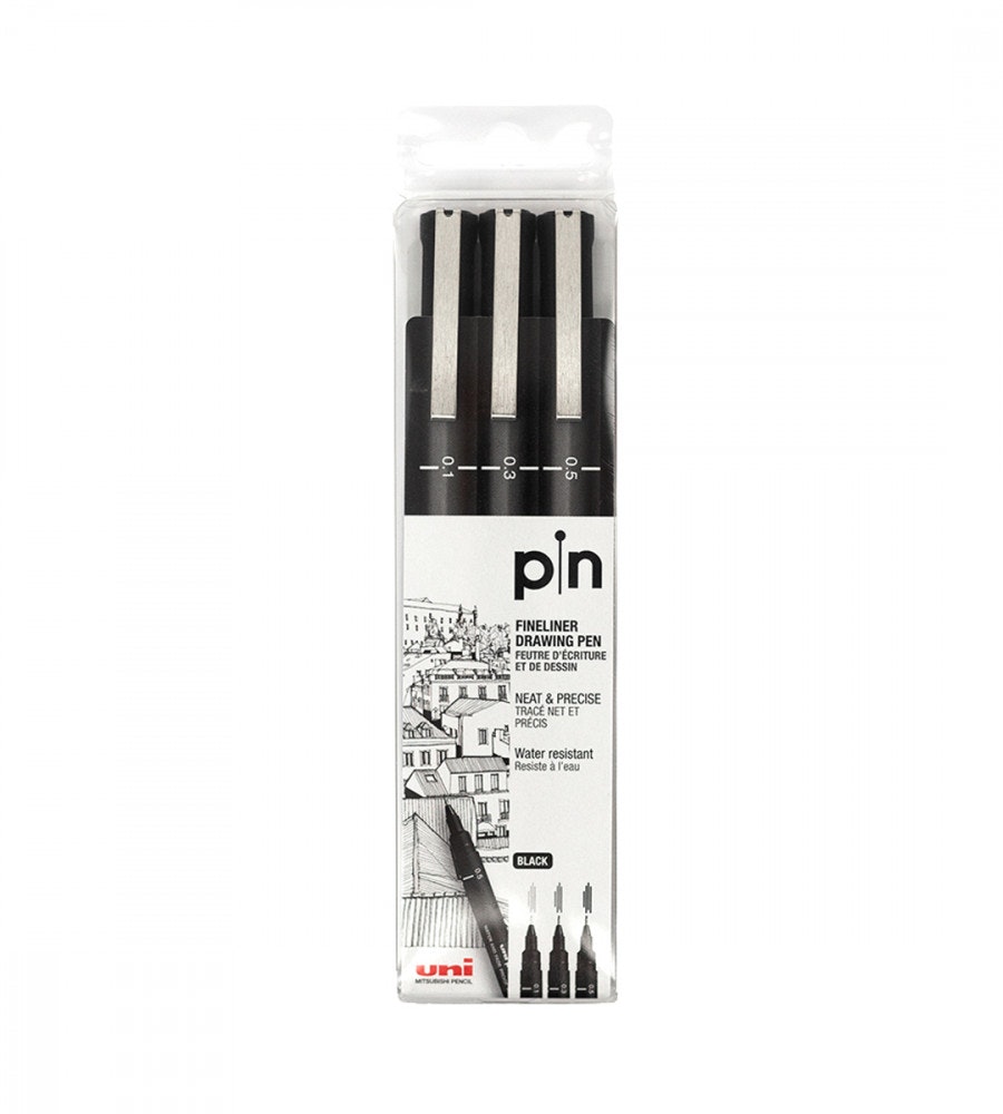 Product Image for Fineliner Uni Pin 3 Pack (0.1, 0.3, 0.5) - Black