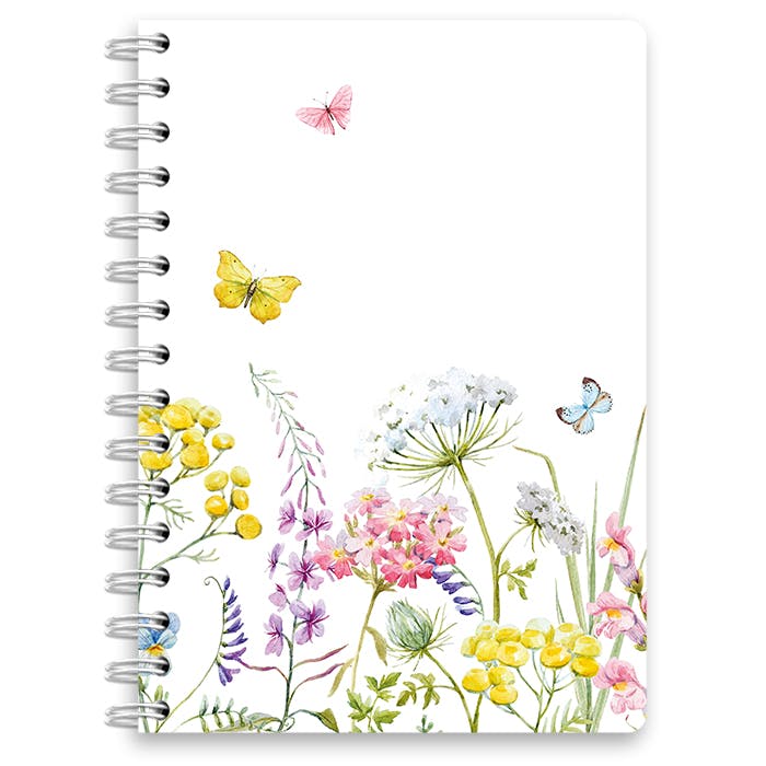 Kalender i A5-format med vit bakgrund och sommarblommor