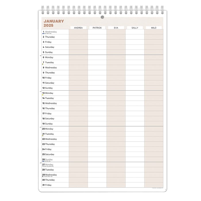 Vggkalender med mnadsversikt och kolumner fr flera personer