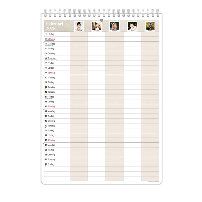 Vggkalender med mnadsversikt och kolumner fr flera personer